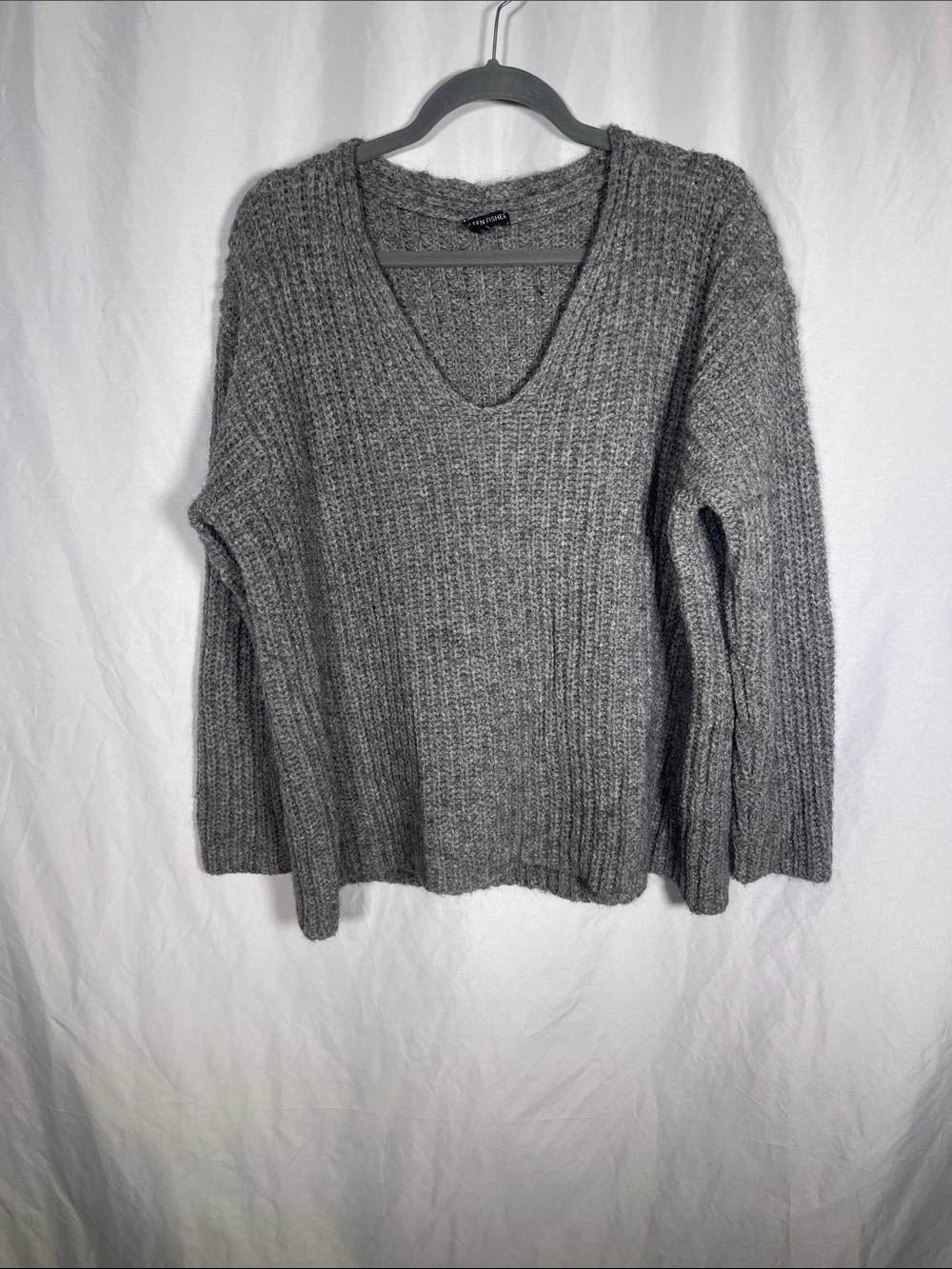 EILEEN FISHER WOMENS GRAY V NECK WOOL ALPACA SWEATER MEDIUM